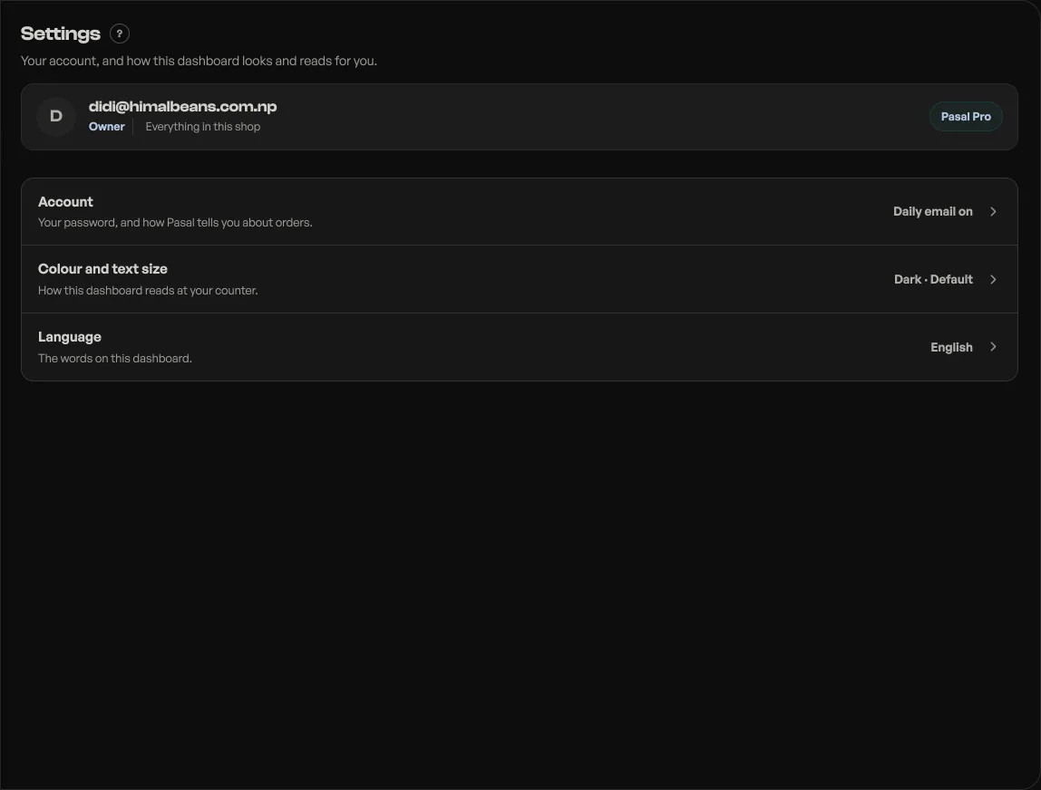 The Settings tab: your email address, Owner and your plan across the top, then three rows, Account, Colour and text size and Language