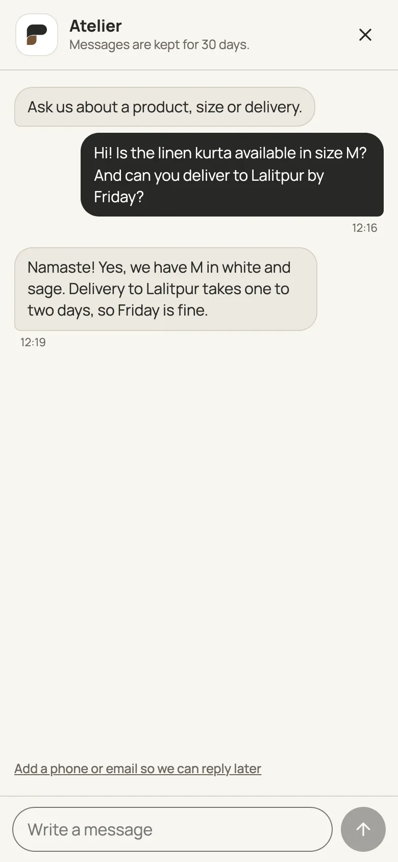 The chat open on a phone, with a shopper's question and the shop's reply