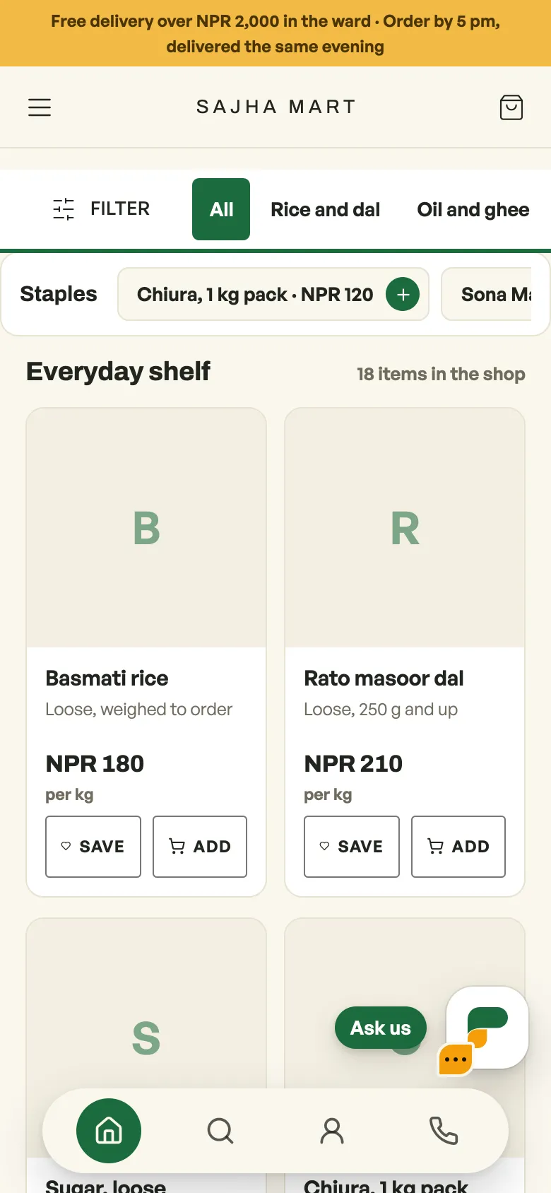 A shop page on a phone with the shop's chat button in the bottom corner