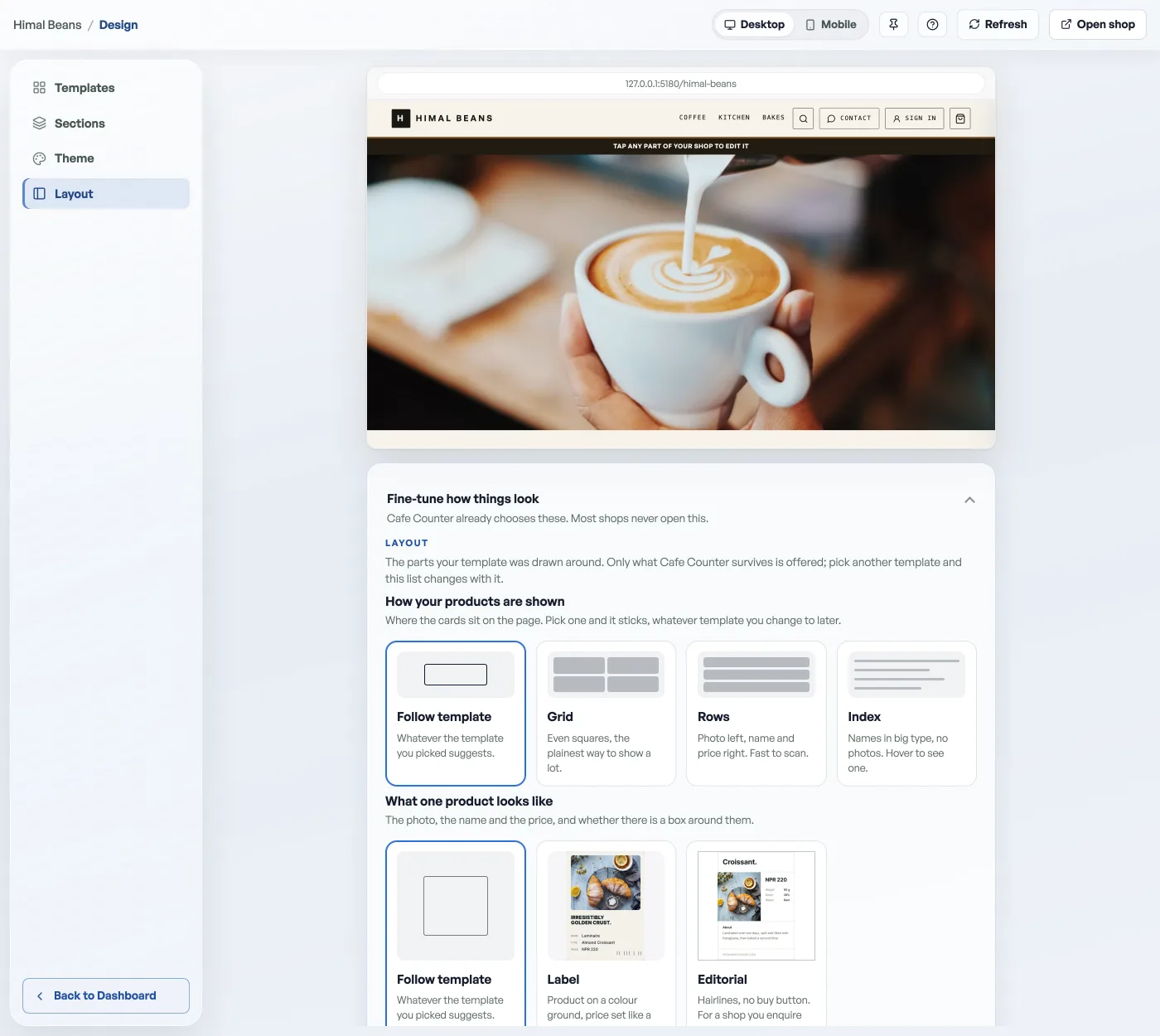 The Layout screen in Design