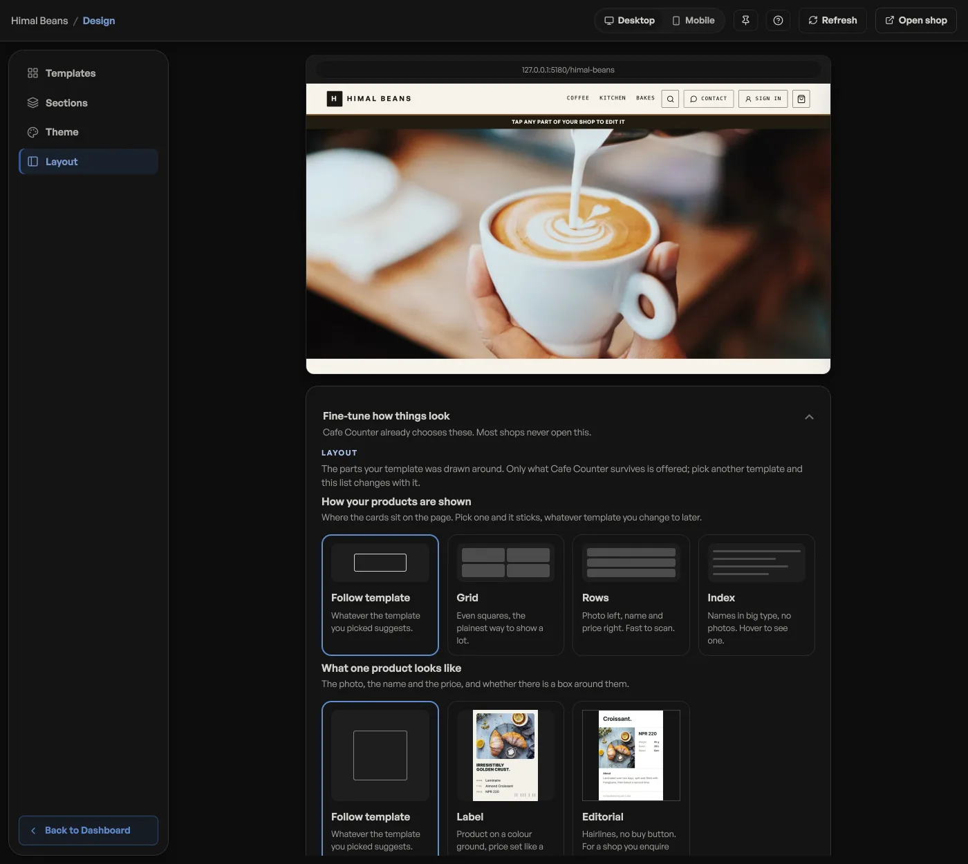 The Layout screen in Design