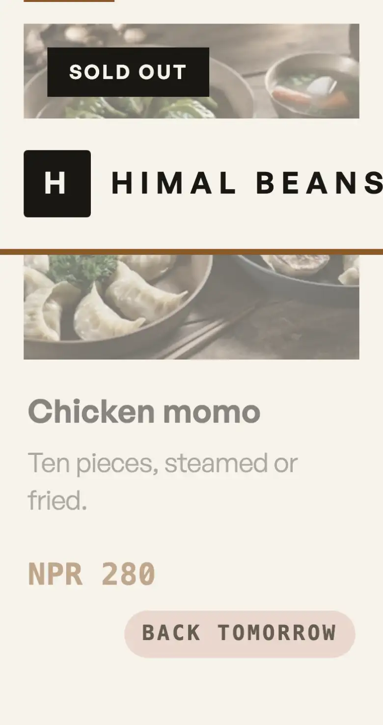A sold-out dish greyed out on the storefront menu