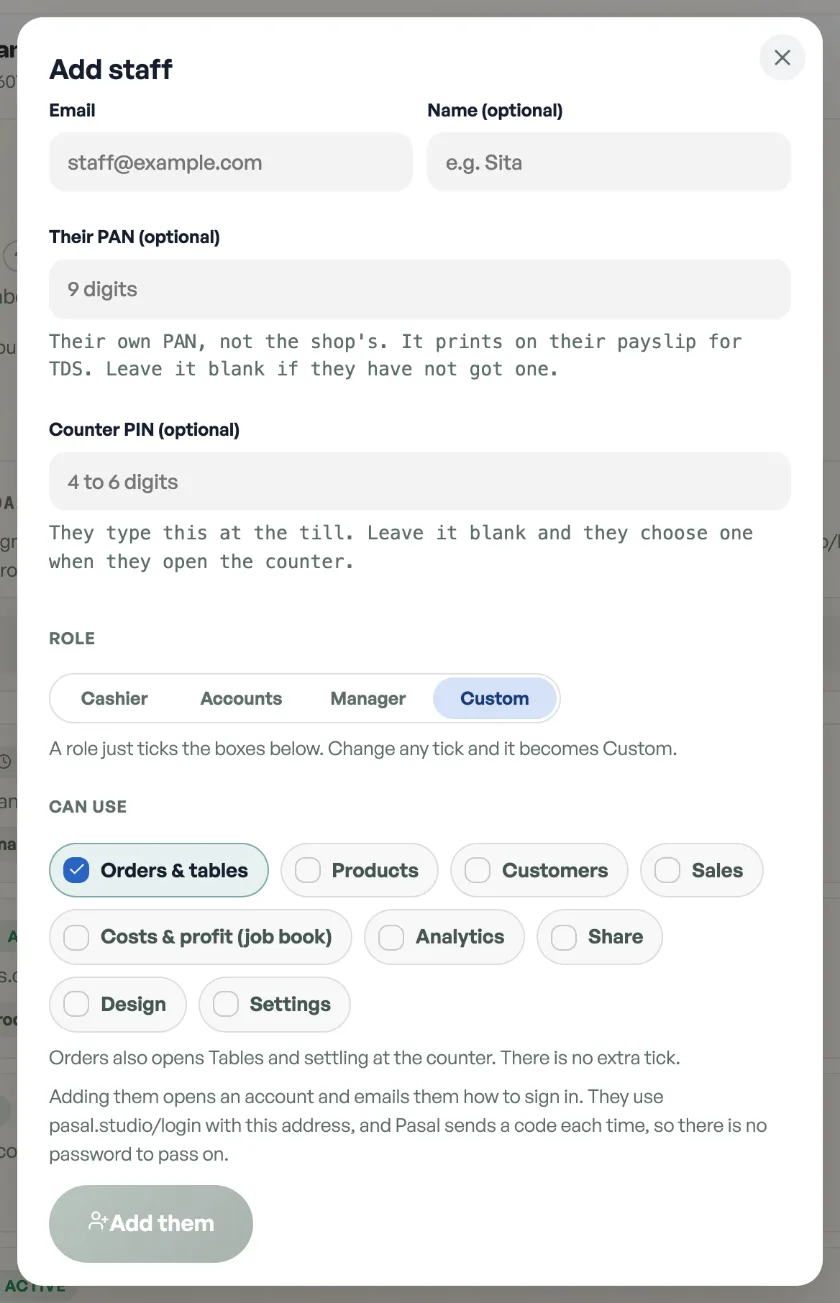 The Add staff sheet: email, name, an optional till PIN, and ticks for what they may use