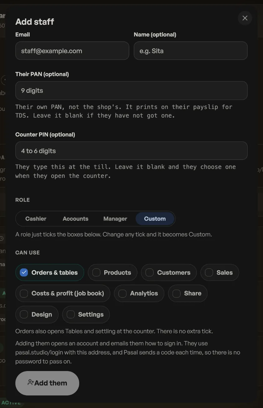 The Add staff sheet: email, name, an optional till PIN, and ticks for what they may use