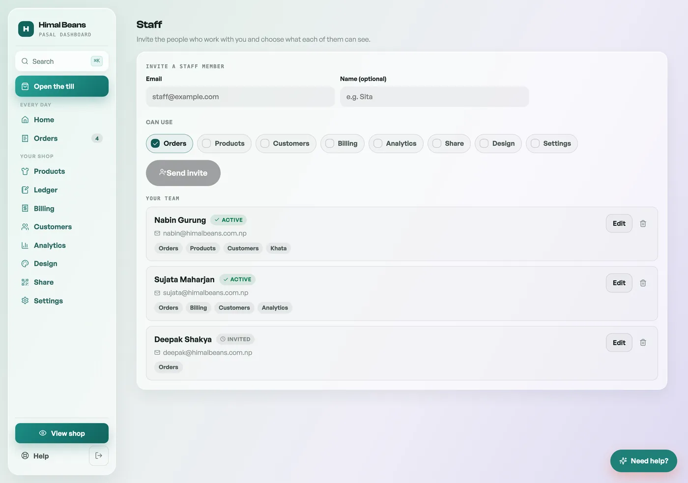 The Staff tab listing team members and their permissions