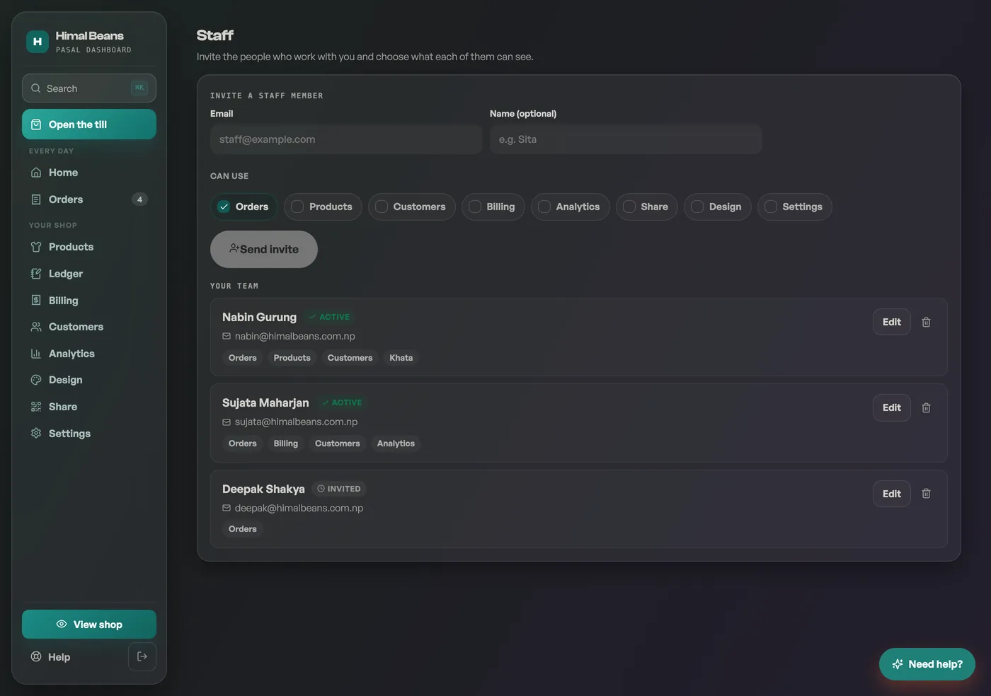 The Staff tab listing team members and their permissions