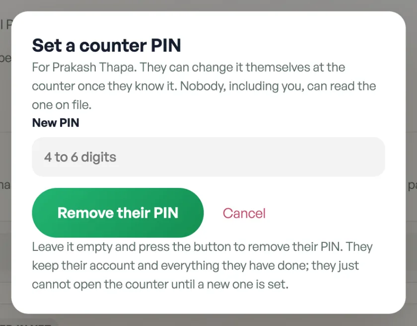 Set a counter PIN sheet for Prakash Thapa, with a New PIN box and Remove their PIN