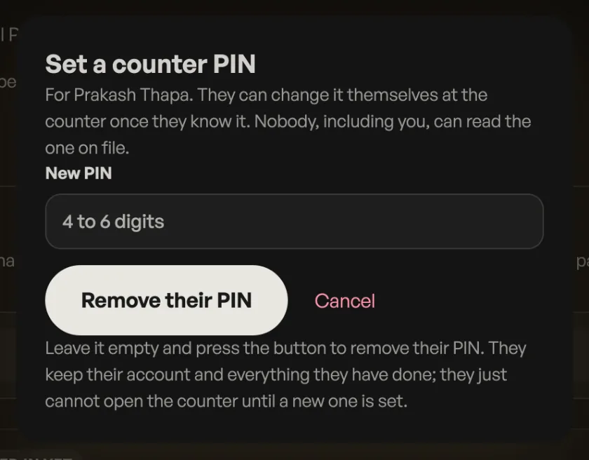 Set a counter PIN sheet for Prakash Thapa, with a New PIN box and Remove their PIN