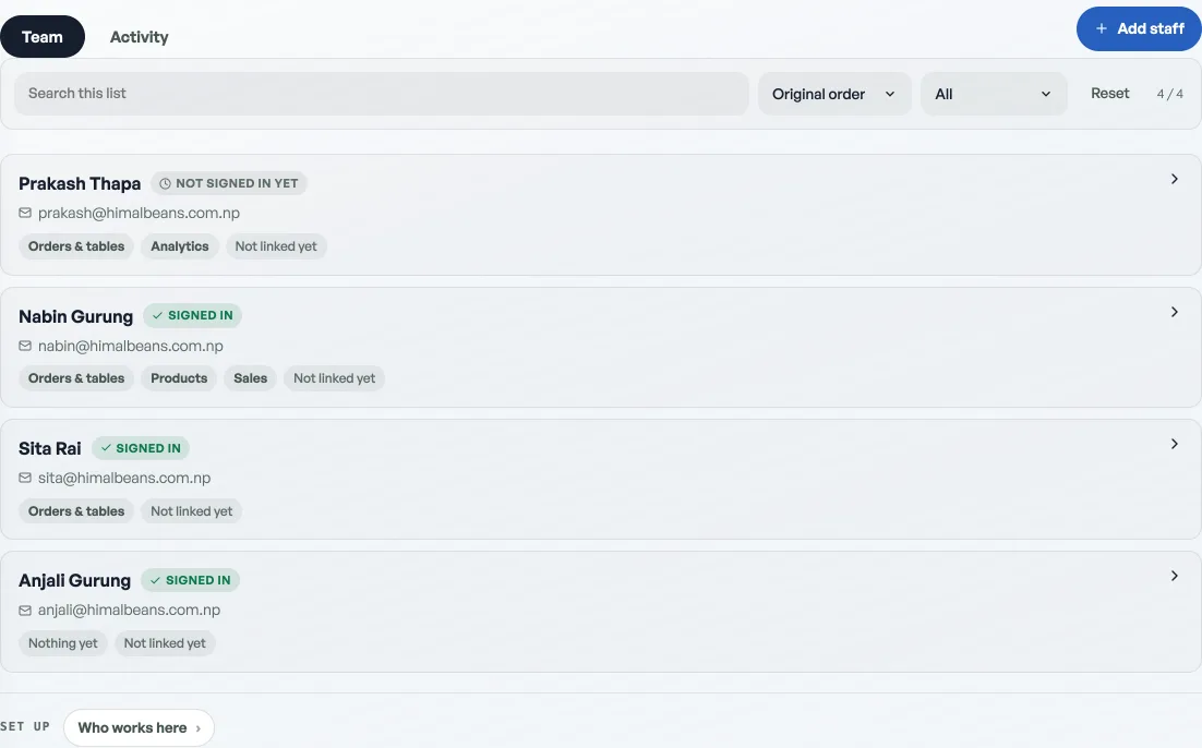 The Staff tab on Team: Prakash Thapa not signed in yet, Nabin Gurung, Sita Rai and Anjali Gurung