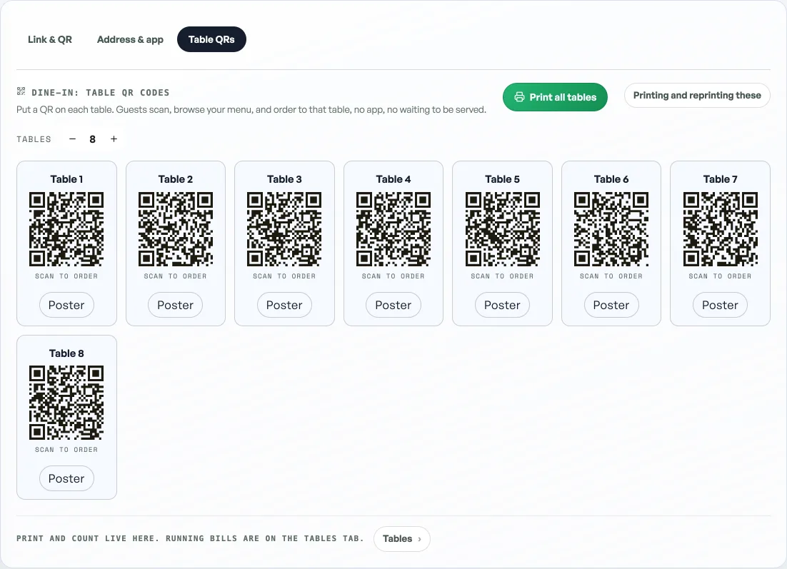 The Table QRs pane: a table count of 8, and a card for each table numbered 1 to 8, every one carrying its own QR, the words Scan to order, and a Poster button