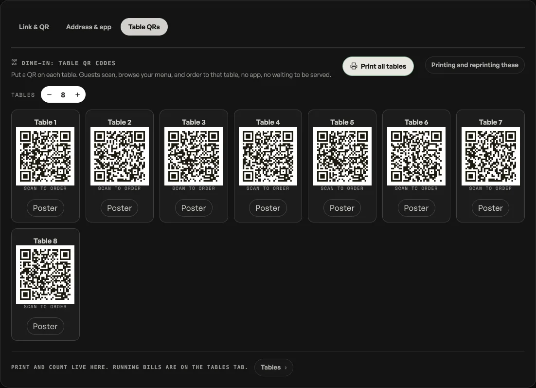 The Table QRs pane: a table count of 8, and a card for each table numbered 1 to 8, every one carrying its own QR, the words Scan to order, and a Poster button