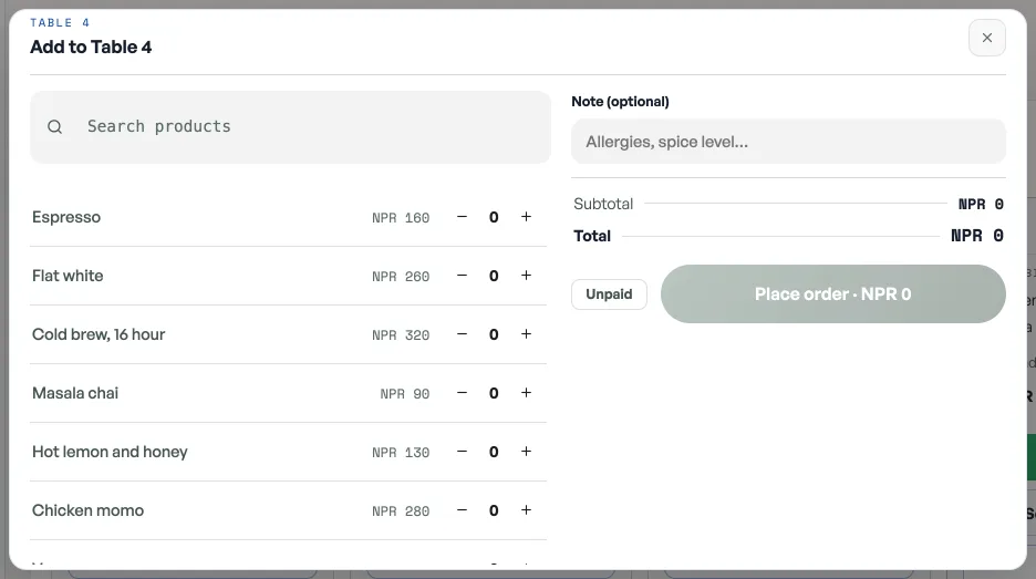 The Add to Table 4 sheet with the menu on the left and Place order on the right