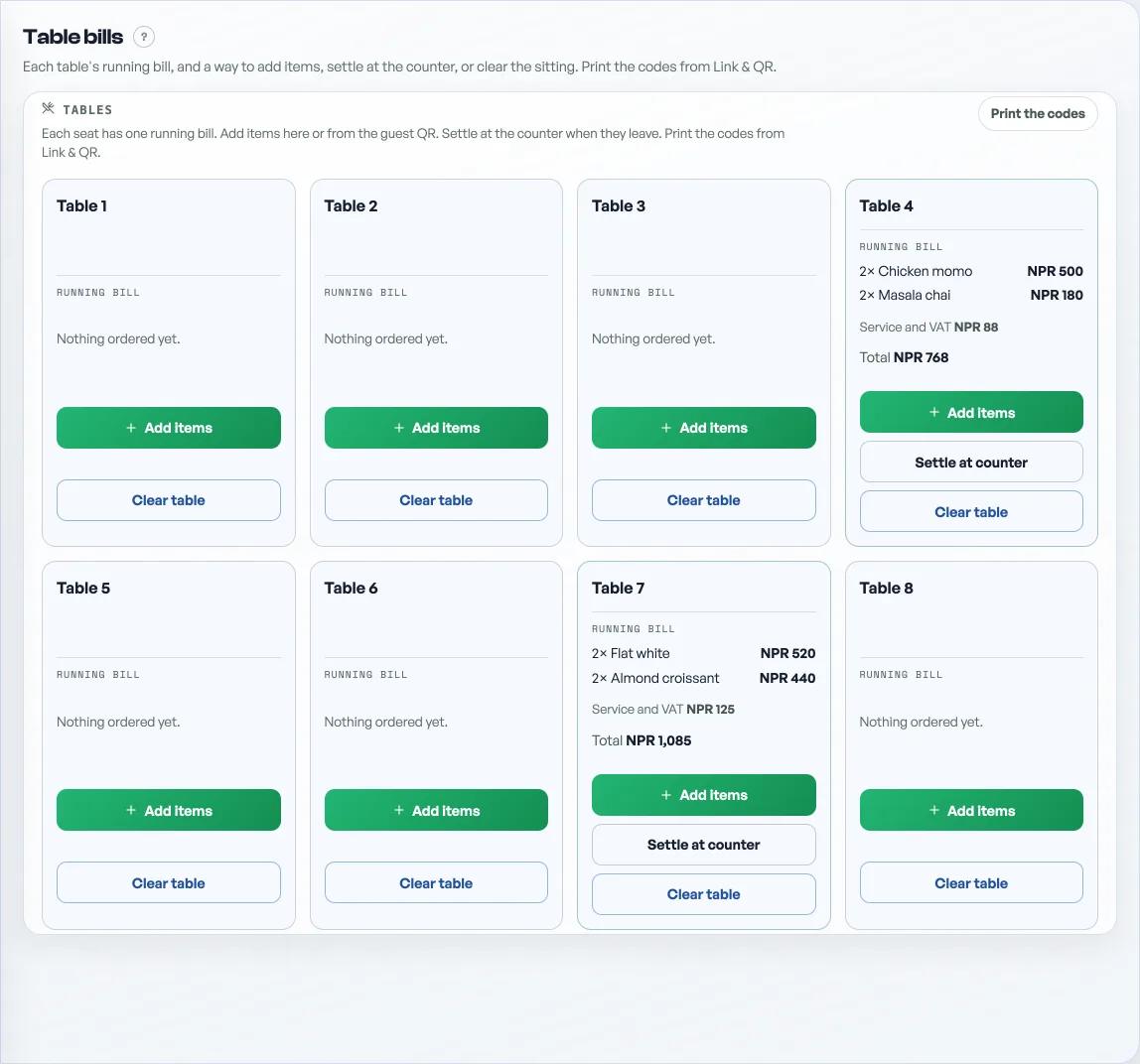 The Table bills tab: a card for each of eight tables, most reading Nothing ordered yet, two carrying their lines and a total, and every card offering Add items and Clear table