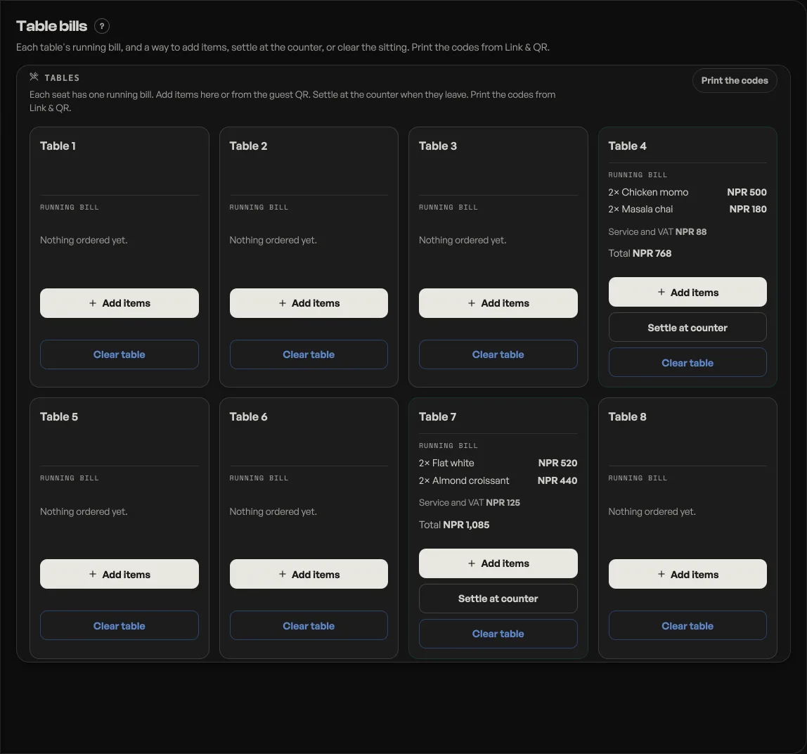 The Table bills tab: a card for each of eight tables, most reading Nothing ordered yet, two carrying their lines and a total, and every card offering Add items and Clear table