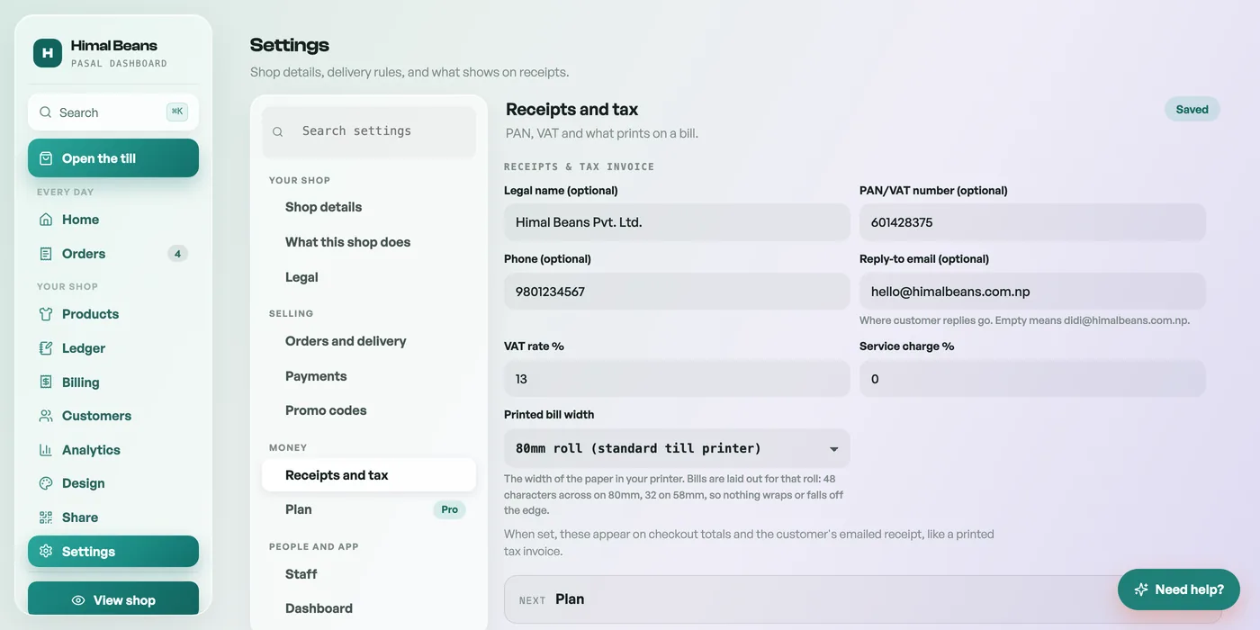 Settings, Receipts and tax, with the Printed bill width dropdown set to 80mm