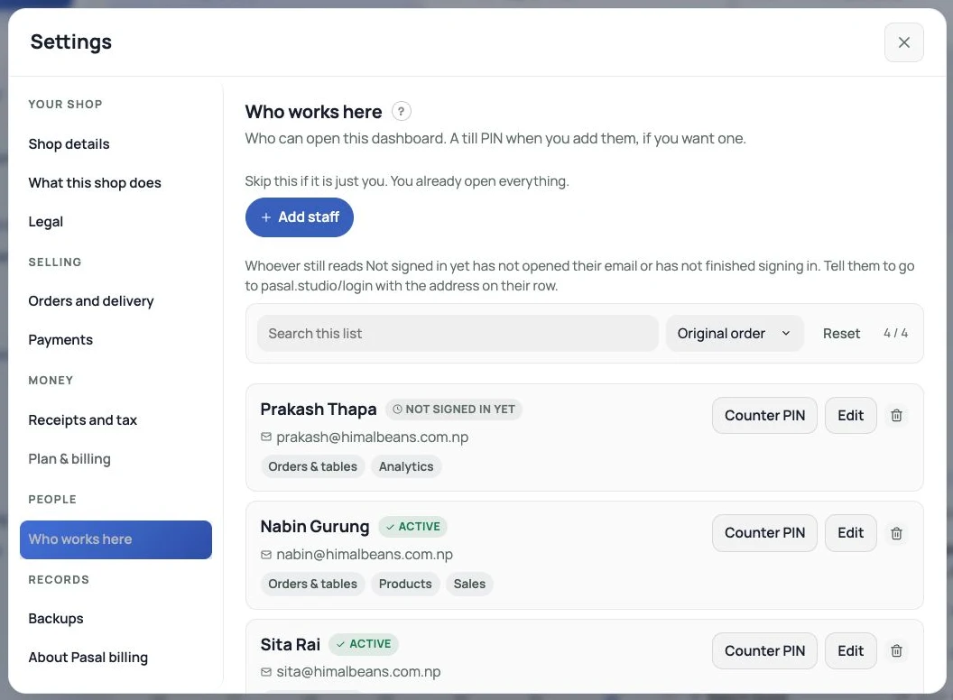 Settings, Who works here, listing the team