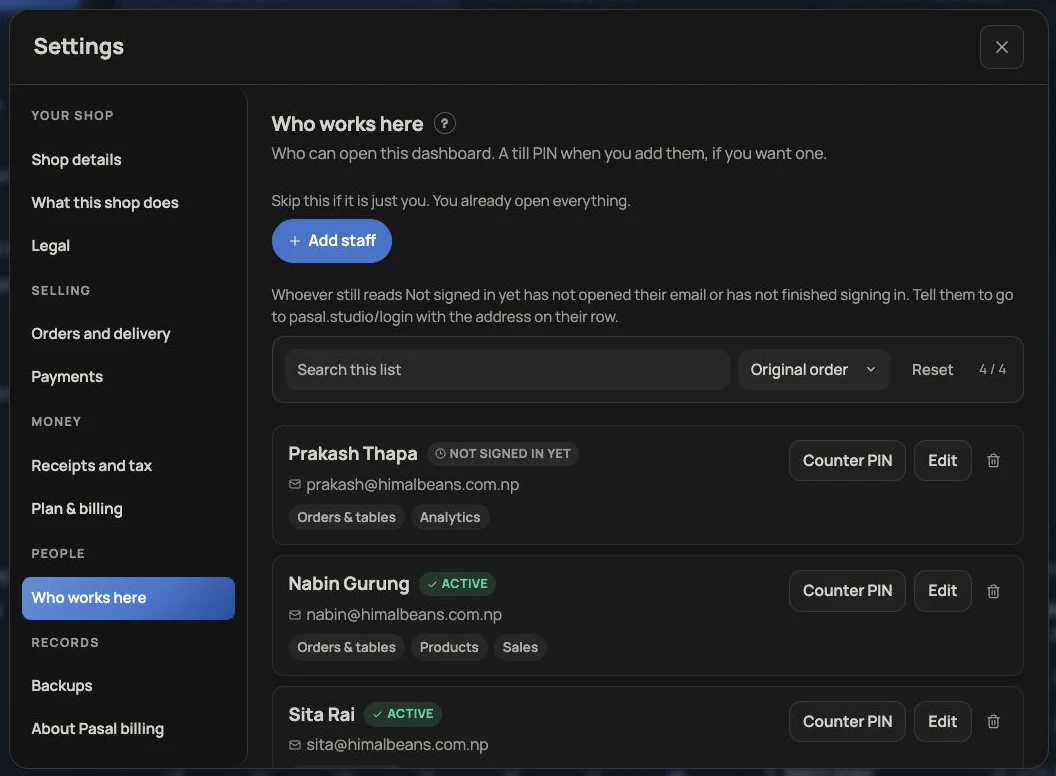Settings, Who works here, listing the team