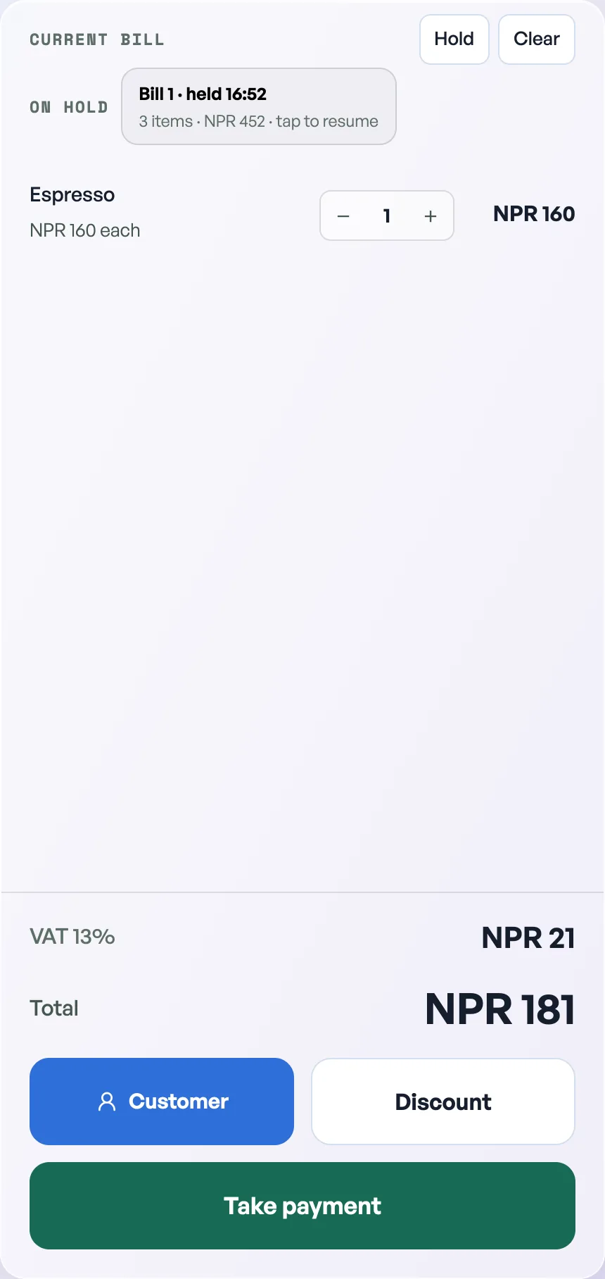 The current bill with On hold showing Bill 1 of three items, and Espresso on the open bill