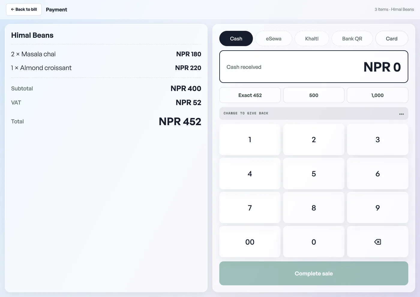 The counter's payment desk: two chai and a croissant on the left as a receipt totalling NPR 452, and Cash with Exact 452, a keypad and Complete sale on the right