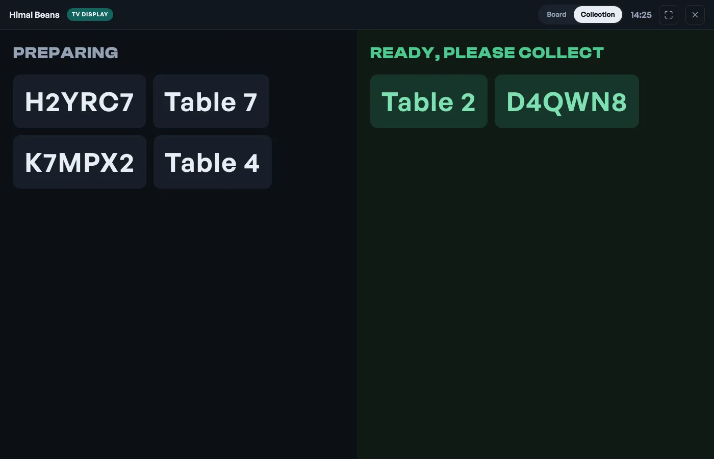 The TV collection screen: order codes and table numbers under Preparing, and two more under a green Ready, please collect