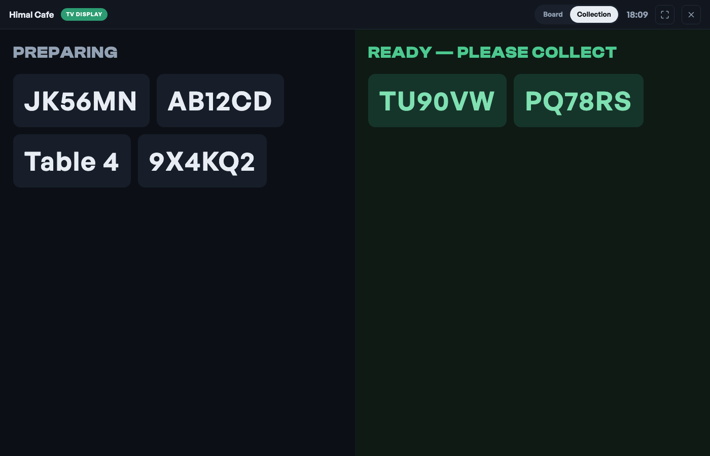 The TV collection screen: order codes under Preparing and a green Ready, please collect