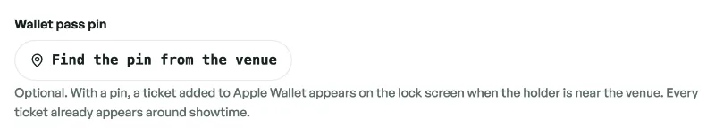 The Wallet pass pin field in the event editor, with a button to find the pin from the venue