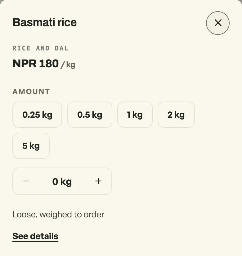 A by-weight product on the storefront with an amount picker
