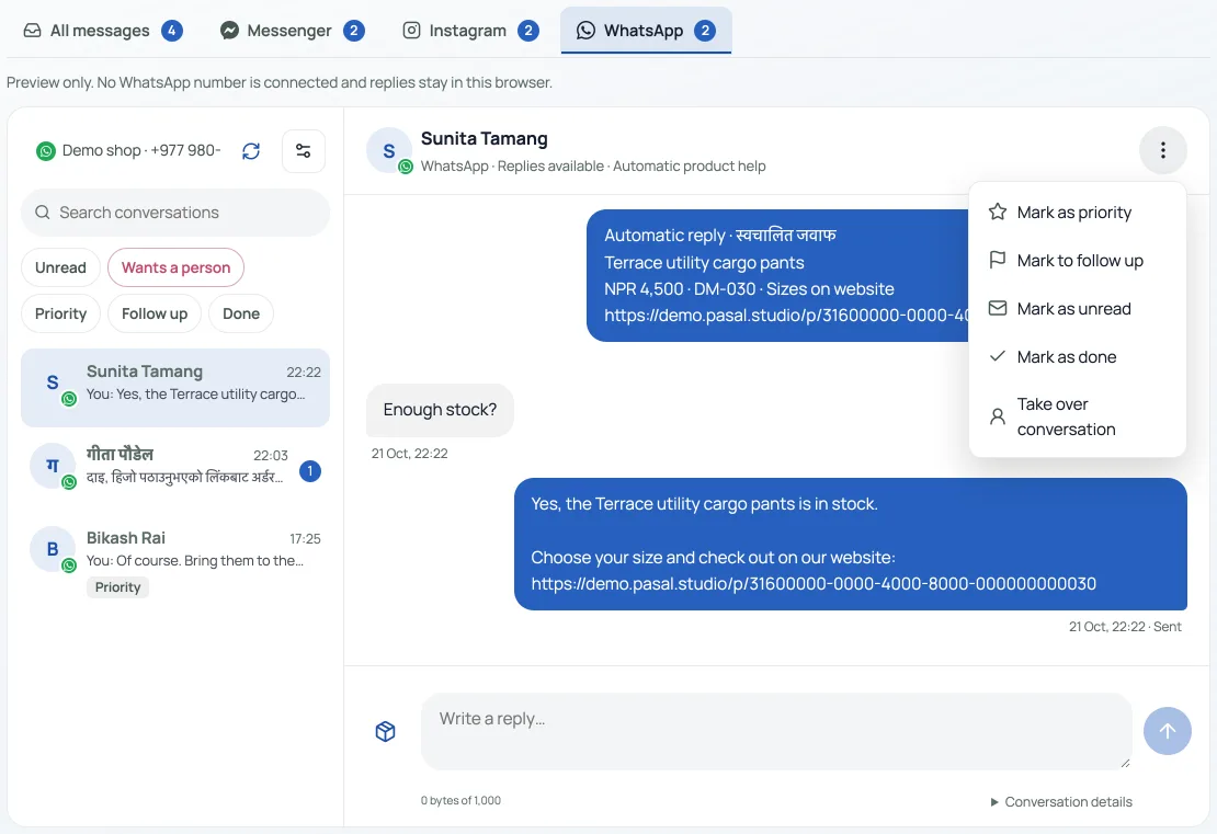 Example WhatsApp conversation in the Inbox: a customer asks DM-030 cha?, the automatic reply opens with Automatic reply and gives the cargo pants with their link, the customer asks Enough stock? and gets an answer; the header says Automatic product help and its ⋮ menu shows Take over conversation