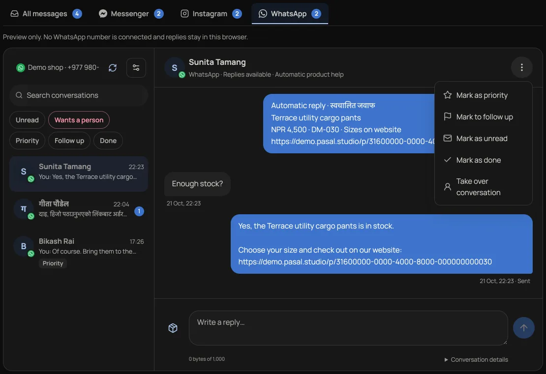 Example WhatsApp conversation in the Inbox: a customer asks DM-030 cha?, the automatic reply opens with Automatic reply and gives the cargo pants with their link, the customer asks Enough stock? and gets an answer; the header says Automatic product help and its ⋮ menu shows Take over conversation