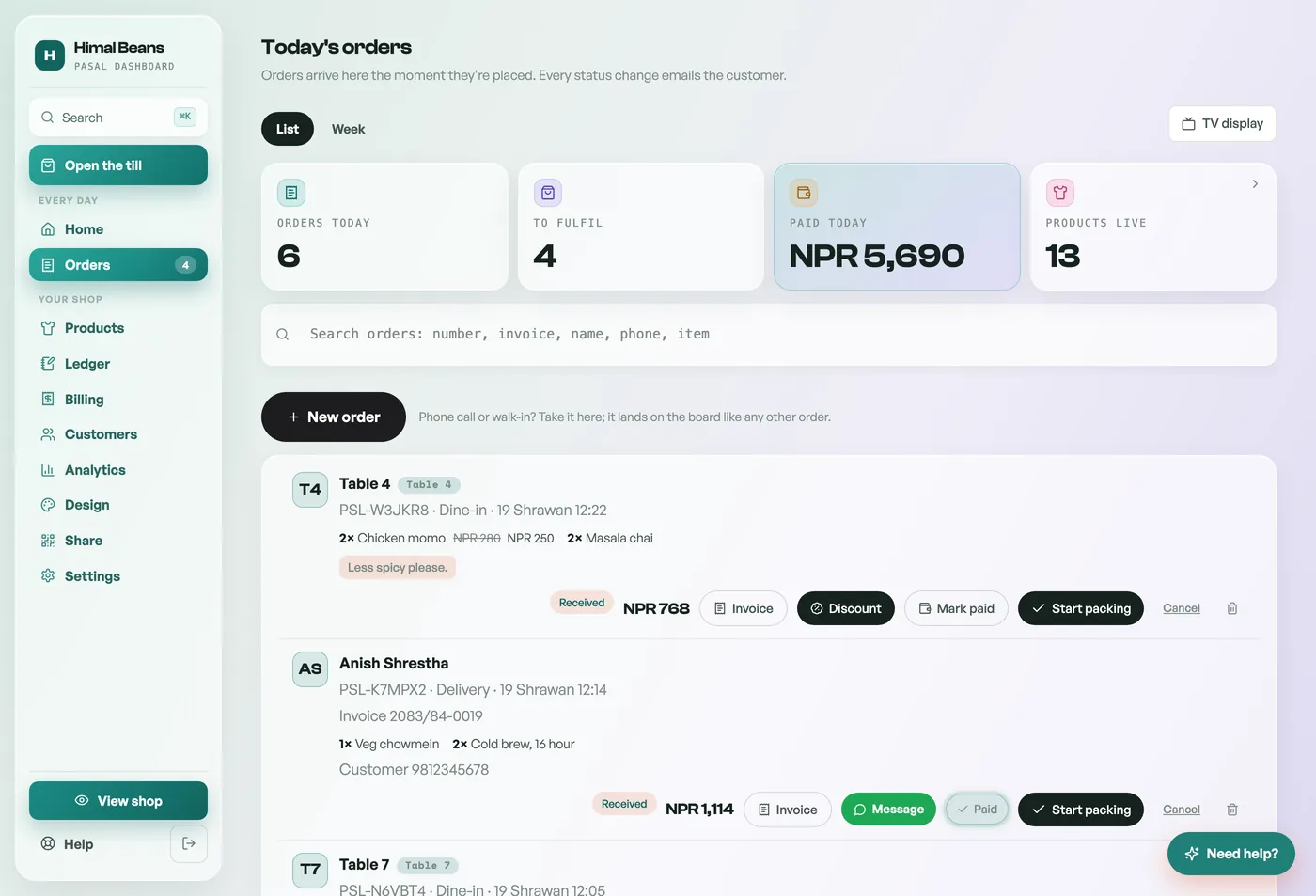 The Pasal dashboard order board with live orders