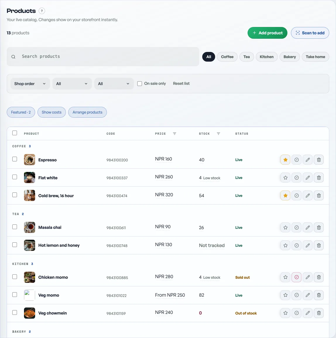 The Products tab with the catalog list