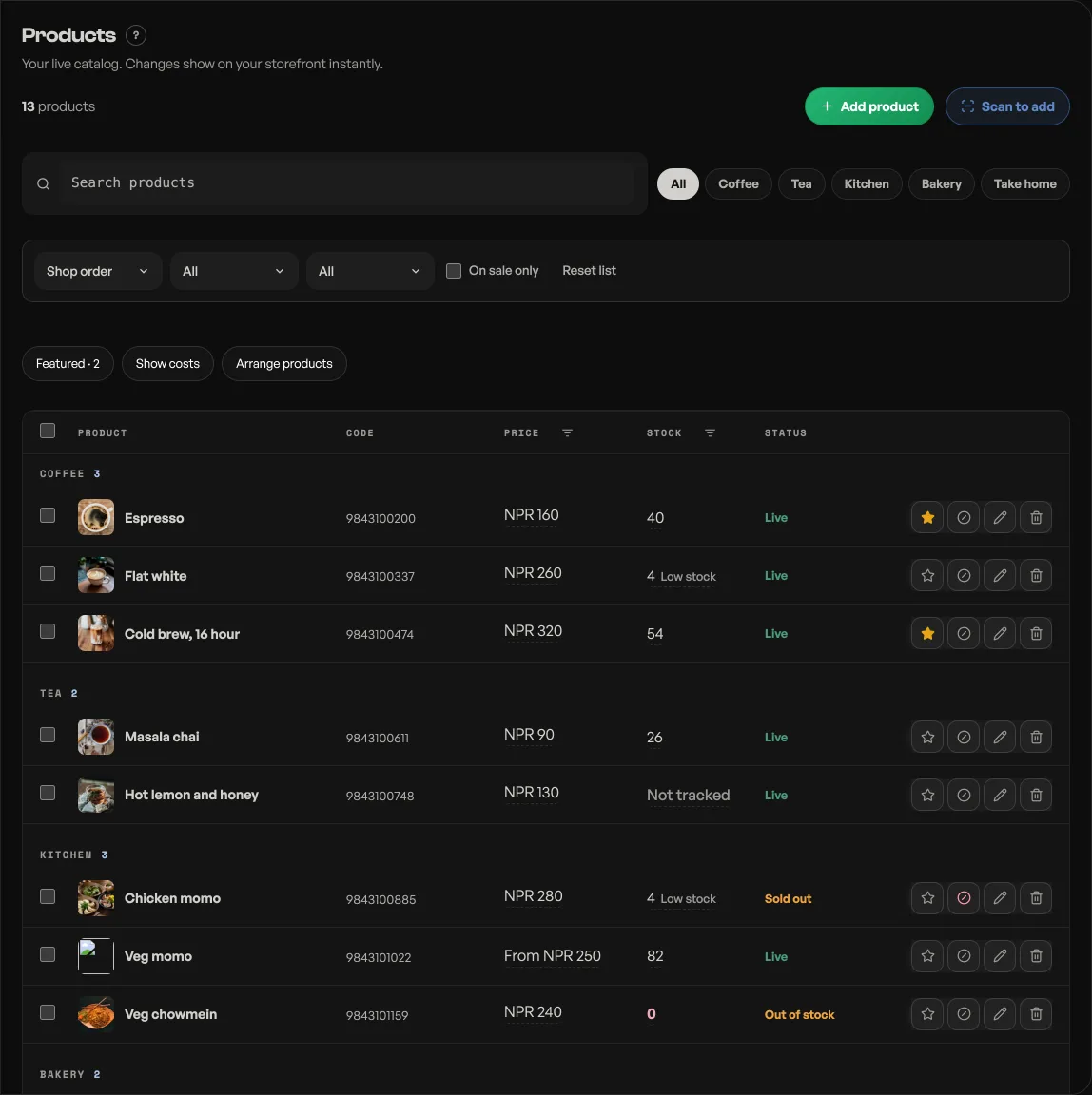 The Products tab with the catalog list