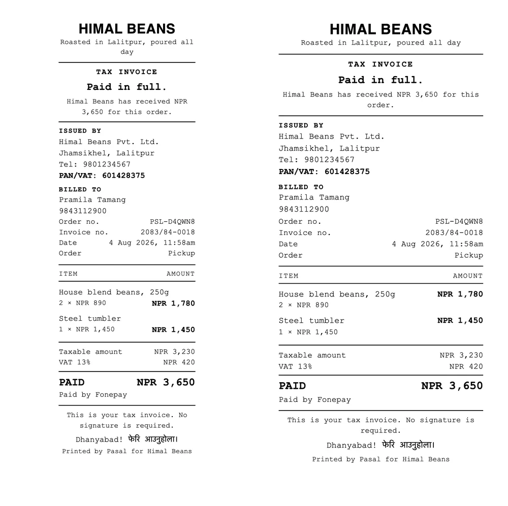 The same bill printed twice, narrow on the left and wide on the right, each headed Tax invoice and Paid in full
