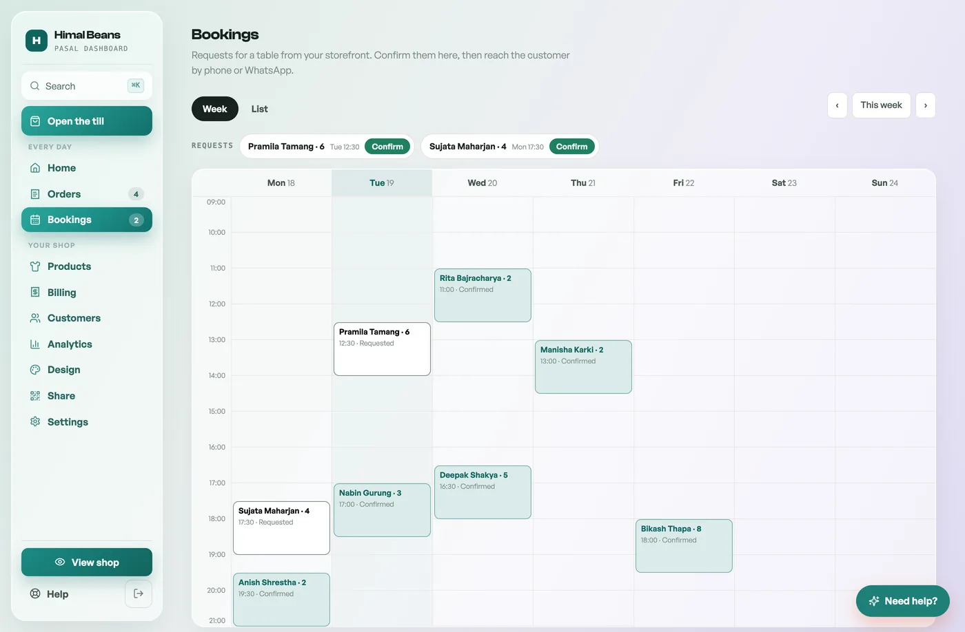 The Pasal bookings calendar, a week of appointments with two waiting to be confirmed