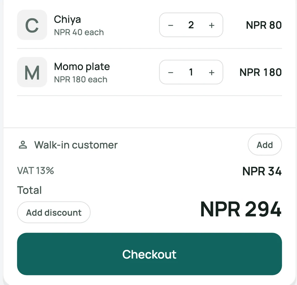 Pasal Desk on a Mac: a bill for two Chiya and one Momo plate, VAT 13% NPR 34, total NPR 294, and the Checkout button