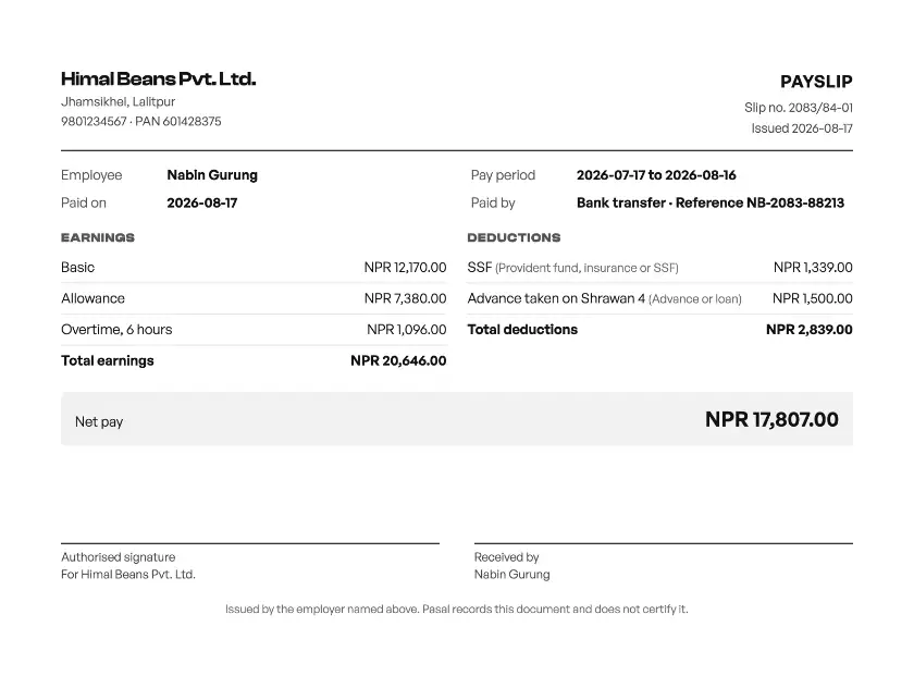 Payslips in Pasal, using demo shop data