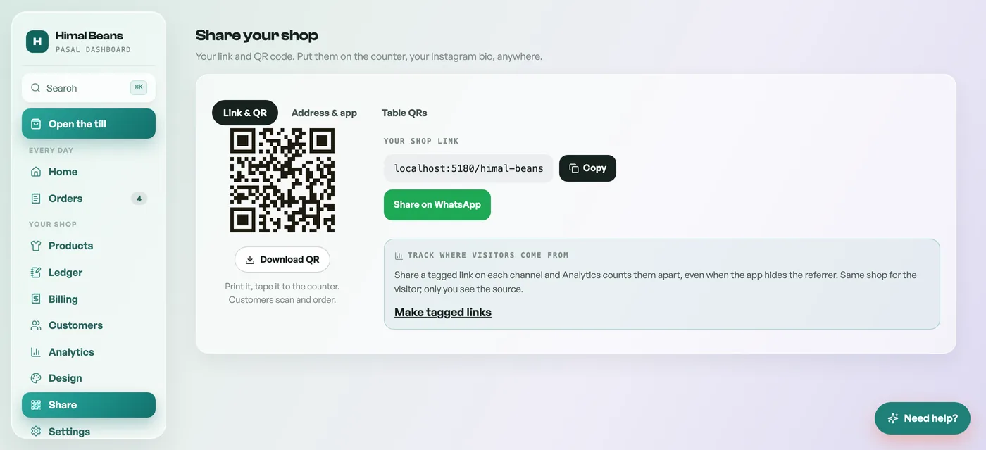The Share tab showing the shop QR and a numbered table QR