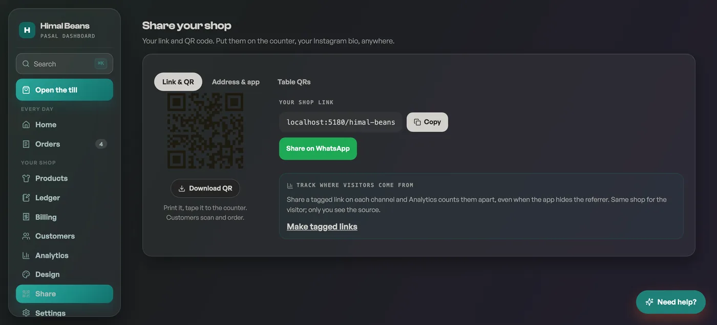 The Share tab showing the shop QR and a numbered table QR