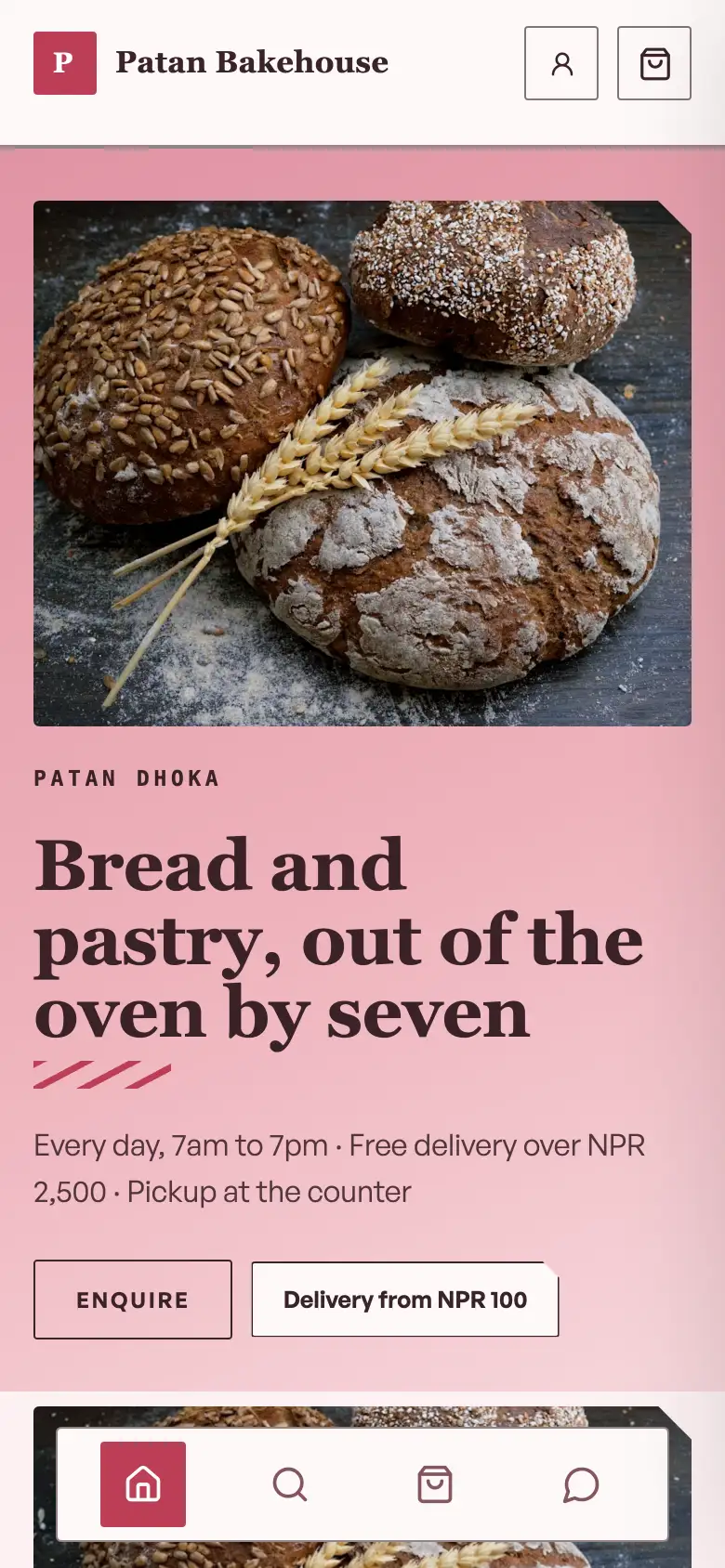 A Pasal shop open on a phone. The Patan Bakehouse storefront: the shop name and bag at the top, a photograph of bread, the line Bread and pastry, out of the oven by seven, the opening hours and delivery terms, an enquire button, and the category shelves beginning underneath.
